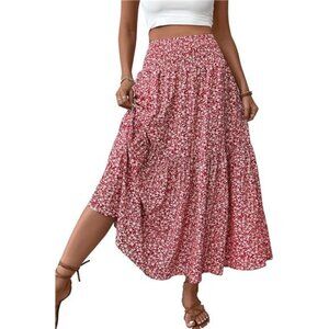 Womens Smocked High Waist Maxi Skirt Boho Floral Long Skirt With Pockets Casual